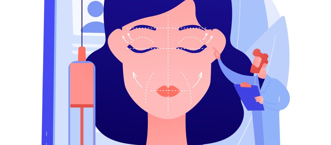 Face lifting abstract concept vector illustration. Rhytidectomy procedure, facelift surgery, face lifting service, non surgical anti age treatment, facial skin rejuvenation abstract metaphor.